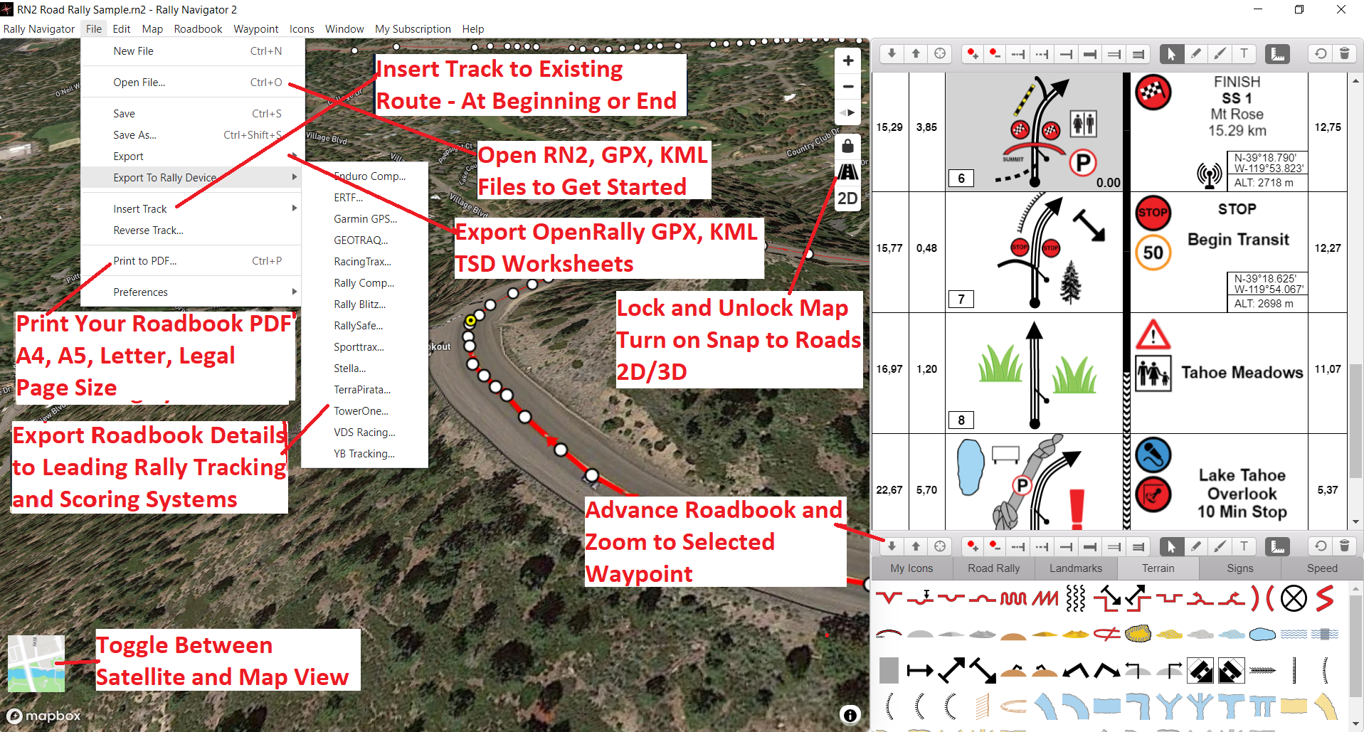 Print-ready road rally roadbook PDF in Rally Navigator