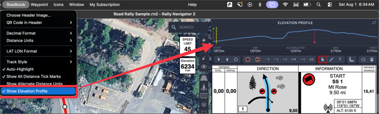 Show Elevation Profile enabled in the Roadbook menu, with the elevation profile panel displayed above the roadbook showing start, min, accumulated, max and finish altitudes