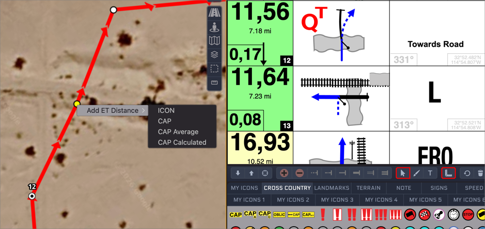 Right-clicking a track point opens the Add ET Distance menu with ICON, CAP, CAP Average and CAP Calculated options, beside the roadbook entries they produce