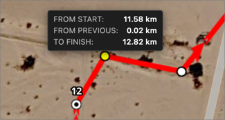 Hovering a track point shows a readout of distance from start, from previous waypoint and to finish