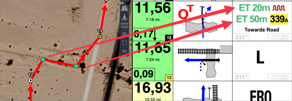After moving the track points, the ET distances and CAP heading update to 20m and 50m with a new heading