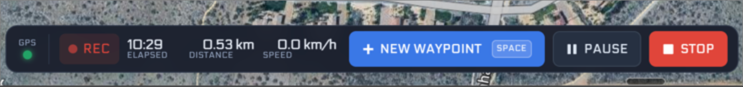 The recorder bar while recording: green GPS dot, REC indicator, elapsed time, distance, speed, and the New Waypoint, Pause and Stop controls