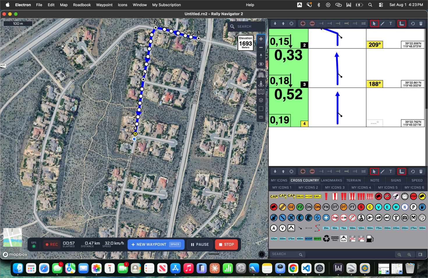 A recording in progress: the track drawn on the map with numbered waypoints, elapsed time, distance and speed on the recorder bar, and the roadbook entries building alongside