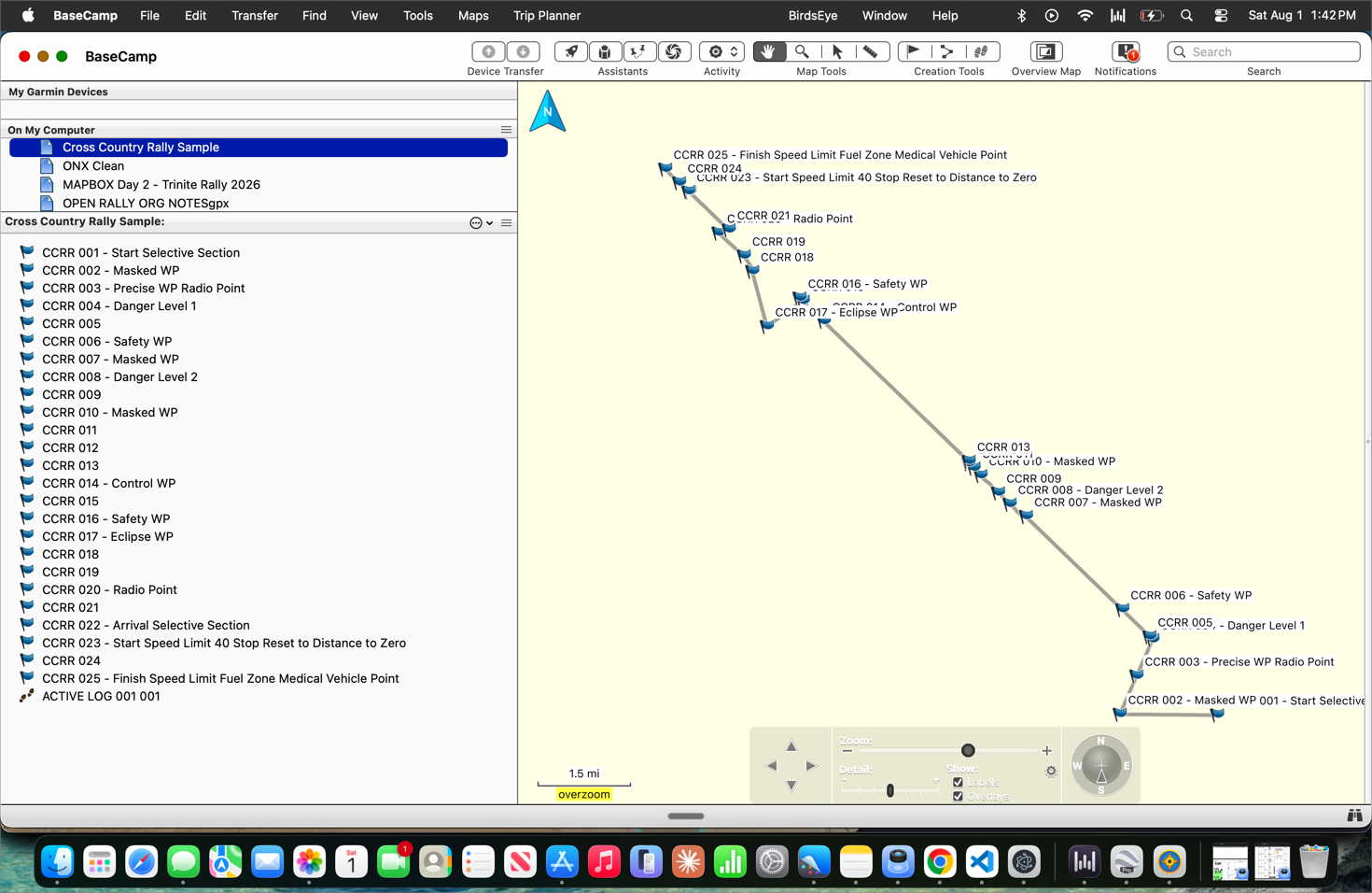 The exported GPX open in Garmin BaseCamp, listing every CCRR waypoint with its name and showing the route on the map