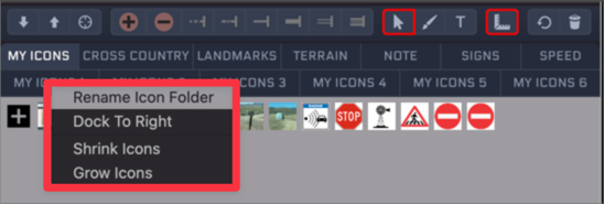 Right-clicking a My Icons tab opens a menu with Rename Icon Folder, Dock To Right, Shrink Icons and Grow Icons