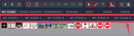 The icon toolbar showing the My Icons 1 to My Icons 6 tabs, with a row of imported custom icons below