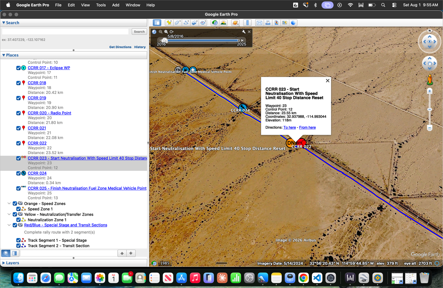 Clicking a waypoint in the Google Earth places list flies to it and opens its details: waypoint and control point numbers, distance, coordinates and elevation