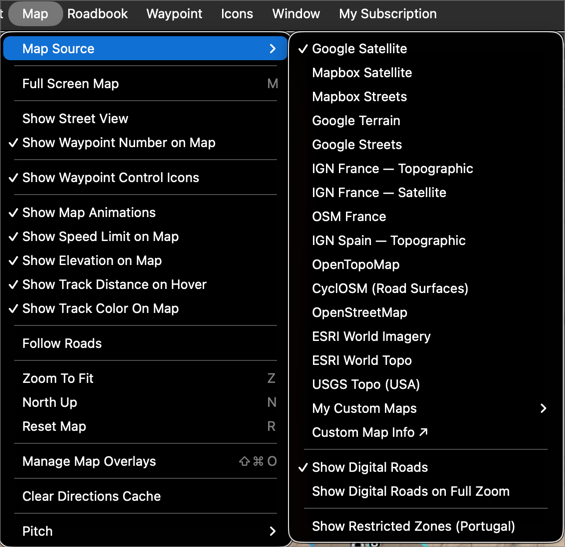 The Map menu with Map Source open, listing providers including Google Satellite, Mapbox, IGN France, OpenTopoMap, ESRI World Imagery and USGS Topo