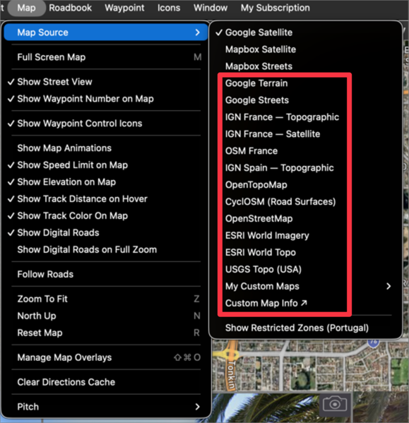 The Map menu with Map Source open; the Pro-only providers are boxed in red, from Google Terrain and IGN France through OpenTopoMap, ESRI World Imagery, USGS Topo and My Custom Maps