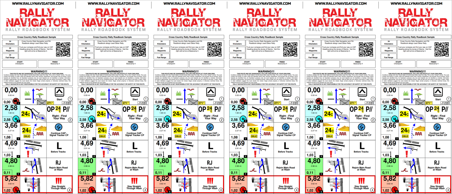 One wide-format sheet holding six identical Cross Country Rally Sample roadbook rolls side by side, ready to be cut to width