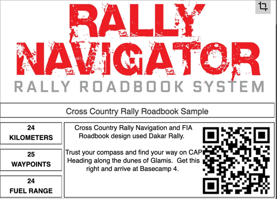 The same roadbook header with the finished QR code rendered beside the event details