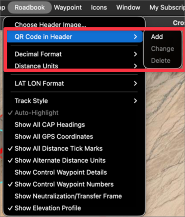 Rally Navigator Roadbook menu with QR Code in Header selected, showing the Add, Change and Delete options