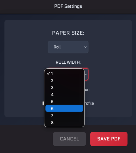 Rally Navigator PDF settings with paper size set to Roll and the Roll Width menu open, showing options 1 through 8