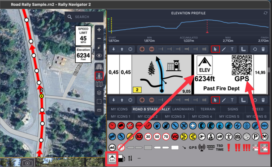 The ELEV and GPS smart icons dragged from the icon toolbar into a waypoint, producing an elevation readout and a GPS QR code in the roadbook cell