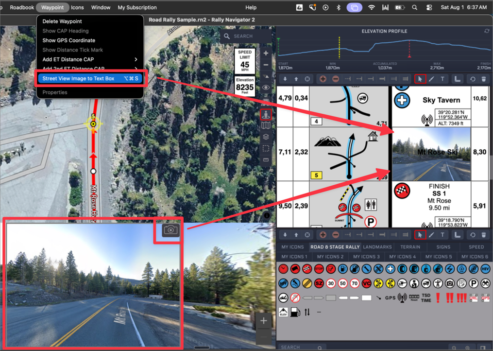 Street View Image to Text Box selected in the Waypoint menu, placing the Street View photograph of the road into the roadbook notes box