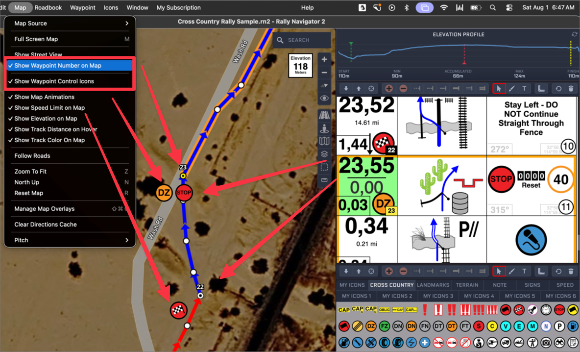 Show Waypoint Number on Map and Show Waypoint Control Icons both enabled, with numbered waypoints and DZ, stop and finish control icons drawn on the route
