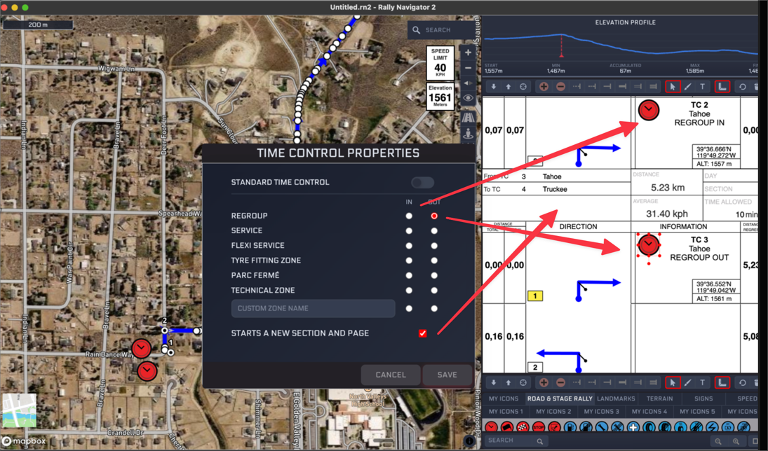 The Time Control Properties dialog with Regroup set to Out and Starts A New Section And Page ticked, beside roadbook rows showing TC 2 Regroup In and TC 3 Regroup Out