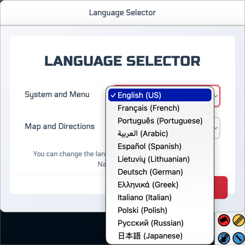 Rally Navigator first-launch Language Selector pop-up listing all 12 supported languages