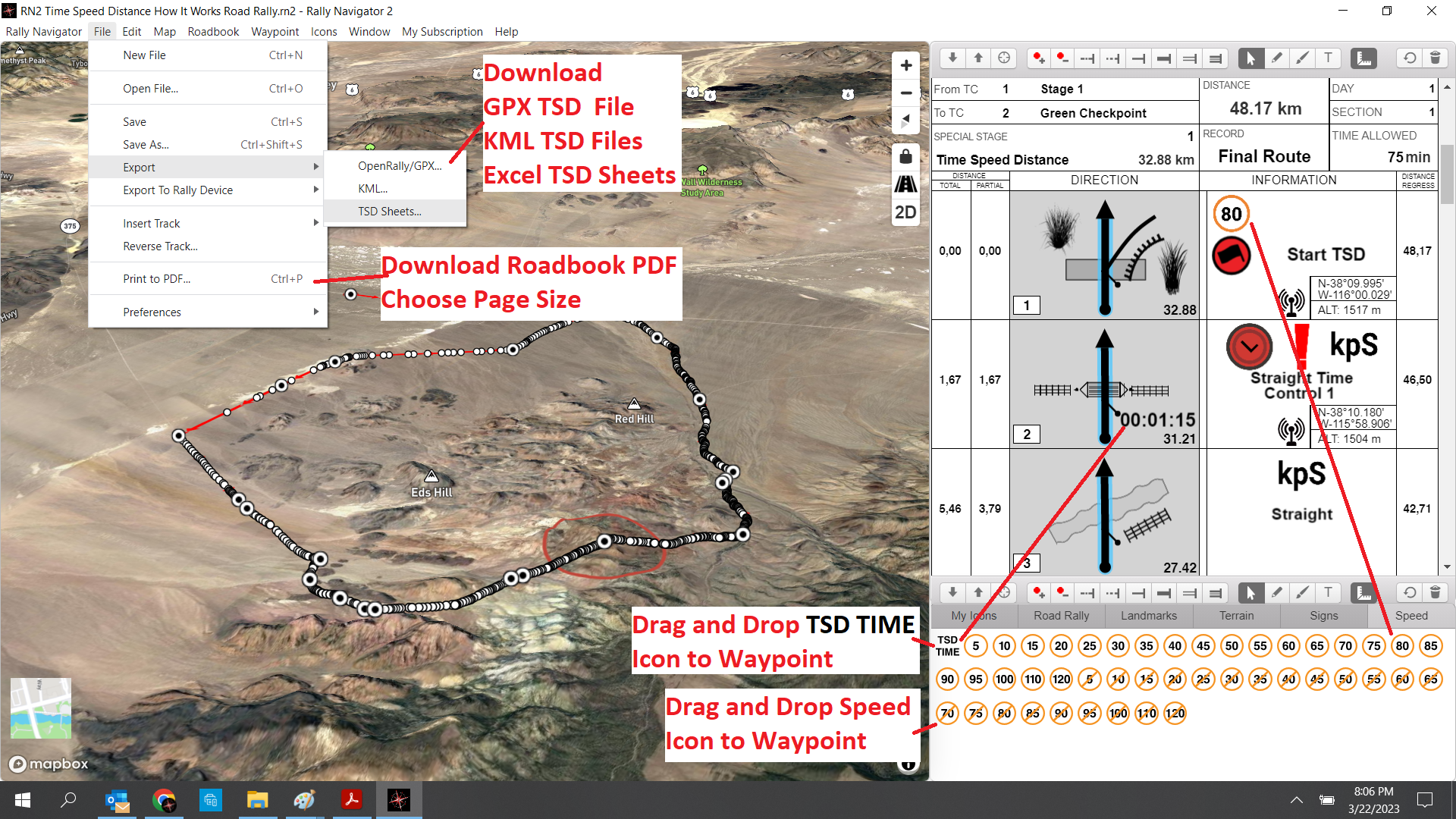 Time Speed Distance rally roadbook with target times in Rally Navigator